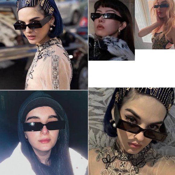 Black Small Thin Narrow Square Fashion Old School Unisex Mens Womens Sunglasses - Picture 8 of 9